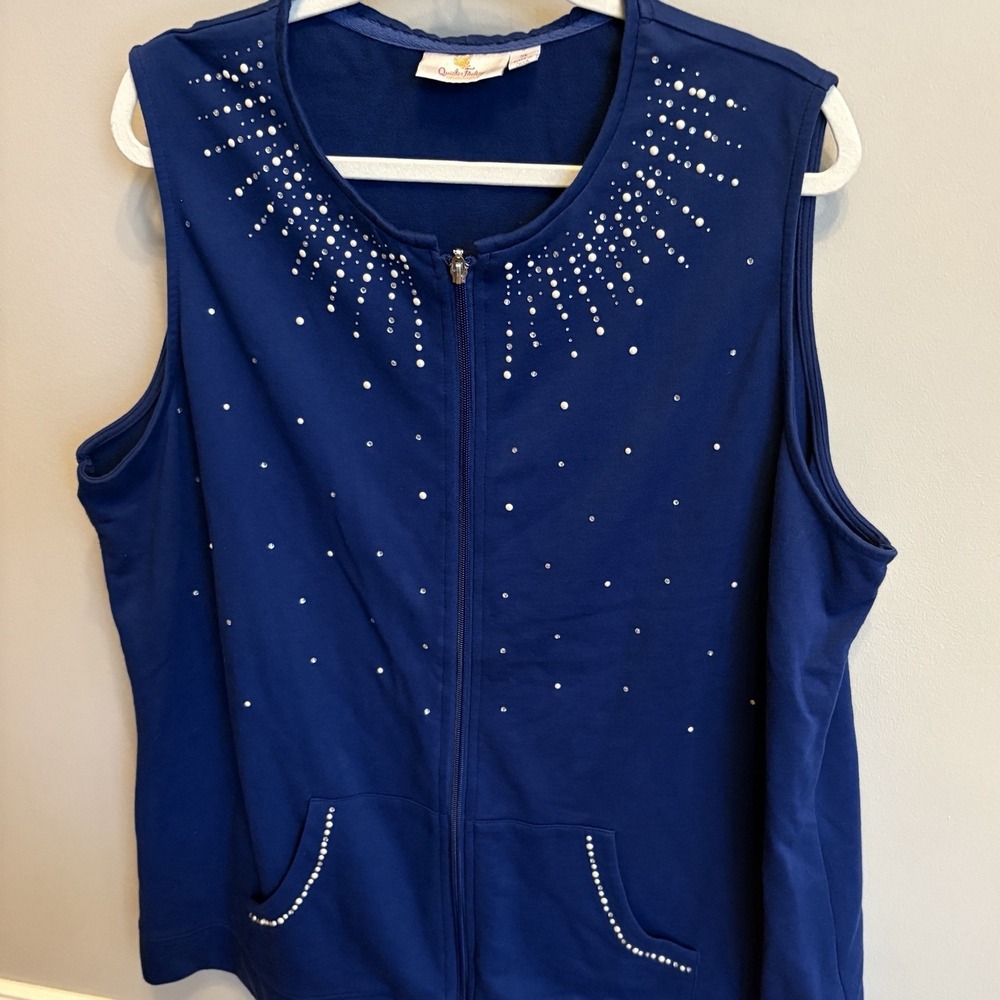 Quacker Factory Womens XL Studded Velour Zip-Up Vest Pockets Relaxed Fit Blue